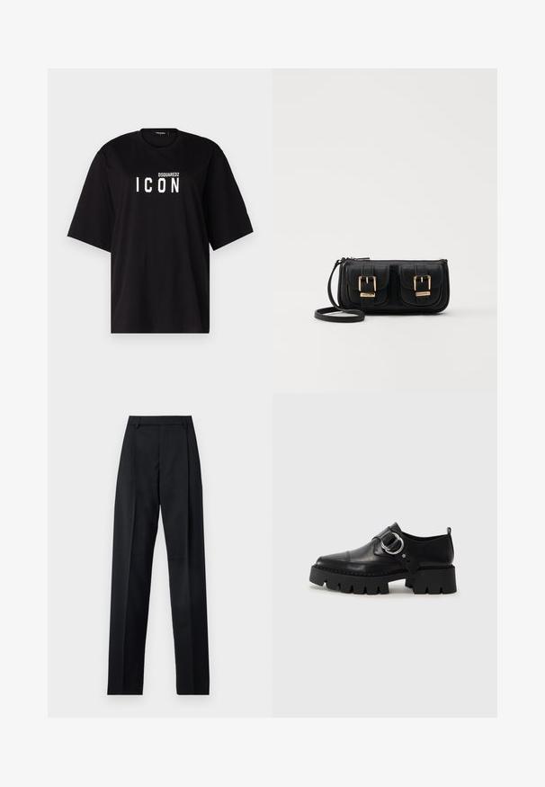 DSQUARED2 ICON TEE - T-shirts med print - black; Svarte bukser laget av glatt stoff, med høy midje, vide ben, frontfolder og klassiske beltehemper. Ingen synlige sidelommer.; Sorte læringssko med en kraftig ribbet såle, som har en sirkulær sølvfarget detalj og minimal sømdekorasjon.; Svart skinn crossbody veske med to frontlommer, gyldne spenner, glidelåslukking og en slank stropp. Teksturert overflate og kompakt rektangulær form.