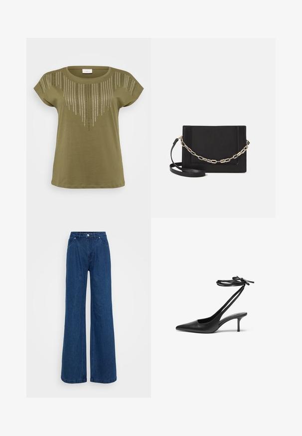 ONLY Carmakoma CARLULA O NECK RHINESTONE - Tričko s potlačou - winter moss; Široké modré denimové džínsy s vysokým pásom, predným zapínaním na gombík a zips a prednými a zadnými vreckami na jednofarebnom pozadí.; Čierne kožené stiletto topánky s špicatou špičkou, otvorenou zadnou časťou a remienkami na členku viazanými do mašle. Úzky 3-palcový opätok. Hladká textura, minimalistický dizajn.; Čierna kožená crossbody taška s hladkou textúrou, obdĺžnikovým tvarom a kovovým reťazovým detailom na prednej strane. Súčasťou je nastaviteľný popruh.; Strieborný prsteň s dvojitým pásikom s hladkým, lesklým povrchom. Má plynulý, zakrivený dizajn s prekryvajúcimi sa časťami pre moderný vzhľad.; Strieborný prsteň s dvojitým pásikom s hladkým, lesklým povrchom. Má plynulý, zakrivený dizajn s prekryvajúcimi sa časťami pre moderný vzhľad.
