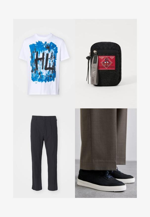 T-shirt de algodão branco com um design abstrato azul e texto "HL" em preto no centro. Mangas curtas e estilo de gola redonda.; Calças pretas plissadas em tecido texturizado, com um design de perna reta e cintura padrão. Sem bolsos ou peças de metal visíveis.; Sapatilhas de camurça pretas com solas de borracha brancas, apresentando um bico arredondado e atacadores, usadas com calças cinzas ajustadas.; Saco preto com tecido texturizado, apresentando um emblema vermelho com logótipo, fecho de correr e uma alça cinza com o nome da marca em relevo.