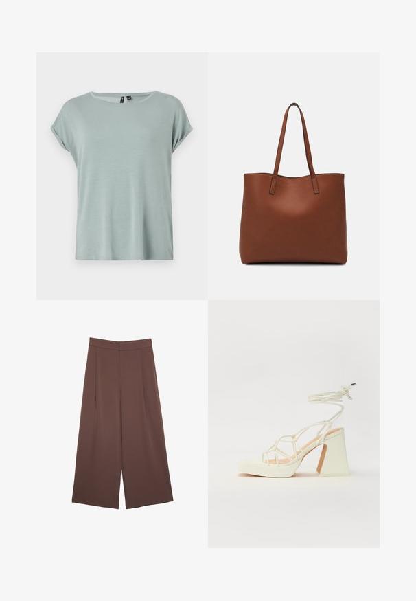 T-shirt verde chiaro con una vestibilità rilassata, maniche corte arrotolate e scollatura rotonda. Tessuto morbido e liscio con un design leggermente ampio.; Pantaloni ampi marroni con una texture liscia, caratterizzati da una vita alta e pieghe frontali. Il tessuto è leggero e scorre liberamente.; Sandalo bianco con tacco alto, caratterizzato da un design a cinturini e un legaccio alla caviglia. Texture liscia con una piattaforma frontale per un'altezza aggiuntiva.; Borsa tote in pelle marrone con texture liscia, design con apertura superiore e due spallacci. Presenta cuciture minime e nessun hardware visibile.