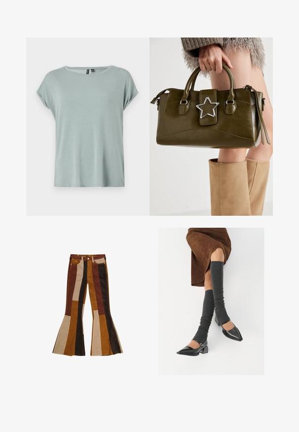 Vaaleanvihreä T-paita, jossa on rento istuvuus, lyhyet käärityt hihat ja pyöreä kaula-aukko. Pehmeä, sileä pinta ja hieman löysähkö muotoilu.; Kauluspantalonit, joissa on pystysuorat raidat ruskeana, tanina ja sinappina. Erityinen muotoilu, jossa on korkea vyötärö ja viisi taskua.; Musta lakattu nahkakengät teräväkärkisillä, leveällä kantapäällä ja nilkkahihnalla, yhdistettynä harmaisiin ribattuihin säärystimiin ja ruskeaan mokkasiinimekkoon.; Vihreä oliivinvärinen mokkanahkainen käsilaukku, jossa on hopeinen tähti koristeena, kaksinkertaiset kahvat ja vetoketjusulku. Teksturoitu pinta ja rakenteellinen muoto.