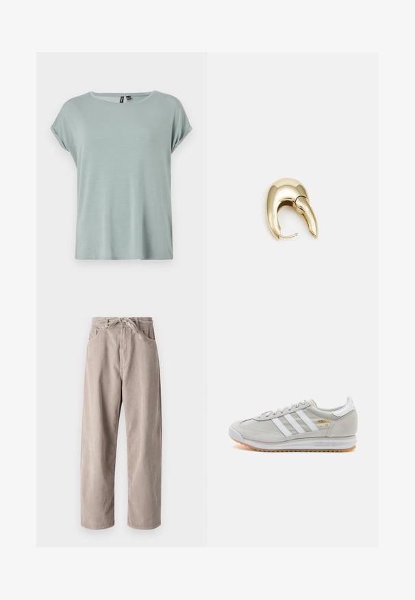 T-shirt verde chiaro con una vestibilità rilassata, maniche corte arrotolate e scollatura rotonda. Tessuto morbido e liscio con un design leggermente ampio.; Pantaloni in velluto a coste beige con vestibilità ampia, dotati di vita con cordoncino, due tasche frontali e lavorazione a coste verticali.; Sneaker grigio chiaro realizzato in suede e rete, con tre strisce bianche, punta arrotondata e suola in gomma color caramello. Accento del logo dorato vicino ai lacci.; Orecchino in metallo color oro con un design elegante e curvo. Presenta una forma appuntita distintiva, superficie lucida e chiusura a cerniera.
