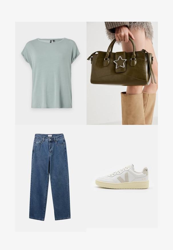 Hellgrünes T-Shirt mit lässiger Passform, kurzen aufgerollten Ärmeln und rundem Ausschnitt. Weiche, glatte Textur mit einem etwas lockeren Design.; Klassische blaue Denim-Jeans mit geradem Bein, fünf Taschen und Knopfverschluss. Sie verfügen über eine mittelblau gewaschene Optik und sind aus robuster Textur.; Weiße Ledersneaker mit beigen Wildlederakzenten, perforierte Zehenbox, flache Schnürsenkel und eine strukturierte cremefarbene Sohle. Mit dezentem Branding an der Ferse.; Olivgrünes Kunstlederhandtasche mit silbernem Sternakzent, doppelten Griffen und einem Reißverschluss. Strukturierten Form und texturierten Oberfläche.