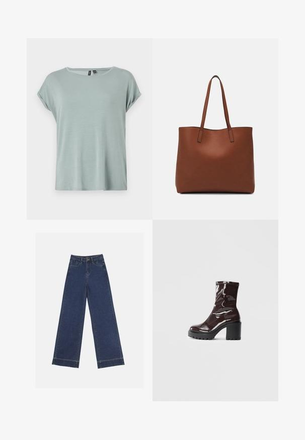 Lichtgroene T-shirt met een ontspannen pasvorm, korte opgerolde mouwen en een ronde halslijn. Zachte, gladde textuur met een iets los ontwerp.; Wide-leg jeans in donkerblauwe denim. Voorzien van vijf zakken, riemlussen en een rauwe zoom onderaan met zichtbare stikseldetails.; Glanzende bordeauxrode enkelboot met een chunky zwarte hak, met een gladde textuur en een eenvoudig ontwerp. Geen zichtbare sluitingen of patronen.; Bruine leren tote bag met een gladde textuur, een ontwerp met een open bovenkant en twee schouderbanden. Kenmerkt zich door minimale stiksels en geen zichtbare hardware.