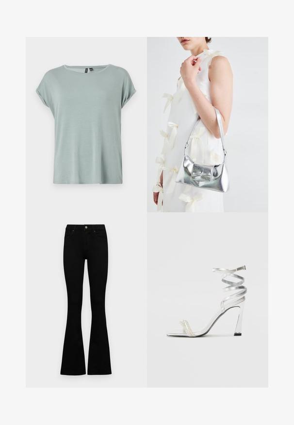 Hele roheline T-särk, millel on mugav lõige, lühikesed rullitud varrukad ja ümar kaelus. Pehme, siledat tekstuuri ja veidi lõtv disain.; Mustad kõrge vöökohtadega teksad, millel on nööp ja lukuga sulgemine, esikäe taskud ja laienevad sääred, asetatud tasasele valgele taustale.; Hõbedased kõrge kontsaga sandaalid läikiva rihma disainiga, millel on pärlilaadne aktsent ja keerduv pahkluu rihm turvaliseks sobivuseks.; Hõbedane metallik käekott struktureeritud kujuga, millel on ülemine sang ja ettepoole suunatud paeladetail. Sile tekstuur, peegeldav viimistlus.