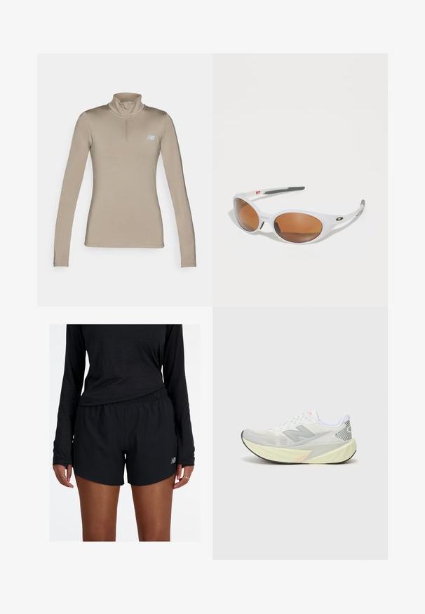 Beige langärmliges Sportoberteil mit hohem Kragen und Viertelreißverschluss. Verfügt über ein kleines hellblaues Logo auf der oberen linken Brust. Glatte Textur.; Schwarze sportliche Shorts mit einem elastischen Bund und reflektierendem Logo. Der Stoff wirkt leicht und glatt, mit einem lockeren Schnitt.; Leichter Laufschuh mit einem grauen und weißen Mesh-Obermaterial, einem auffälligen 'N'-Logo und einer gelben Mittelsohle mit schrägen Akzenten. Schwarze Außensohle.; Weiße Sonnenbrille mit braunen Gläsern, ovale Form, aus glattem Kunststoff, mit grauen Akzenten an den Bügeln und einem Logo auf dem Rahmen.