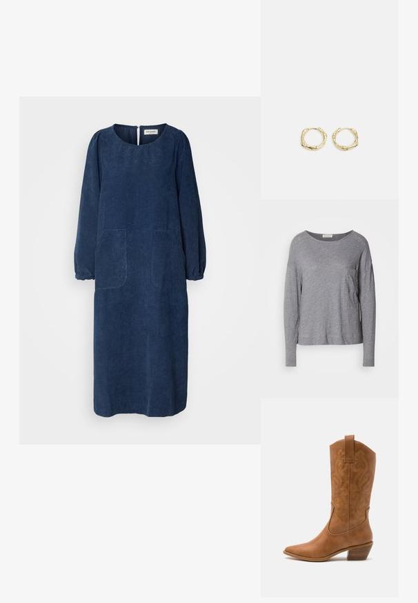 Helles graues Langarmshirt mit Rundhalsausschnitt und kleiner Brusttasche, auf einem weißen Hintergrund präsentiert.; Marineblaue Cordkleid mit langen Puffärmeln, rundem Ausschnitt, zwei vorderen Taschen und einem Rückenschlitz. Weicher, strukturierter Stoff.; Braune Leder-Cowboy-Stiefel mit spitzem Zehenbereich, bestickten Wirbelmustern am Schaft und einem gestapelten Blockabsatz. Verfügt über einen Ziehriemen für das einfache Anziehen.; Schwarze Leder-Hobo-Tasche mit einem einzelnen, weichen, abgerundeten Griff; verfügt über eine glatte Textur und ein minimalistisches Design. Keine sichtbaren Beschläge oder Akzente.; Goldene Creolen mit einer strukturierten, unregelmäßigen Form. Sie verfügen über einen nahtlosen Verschluss und eine polierte Oberflächenbehandlung, die ein modernes Design betont.