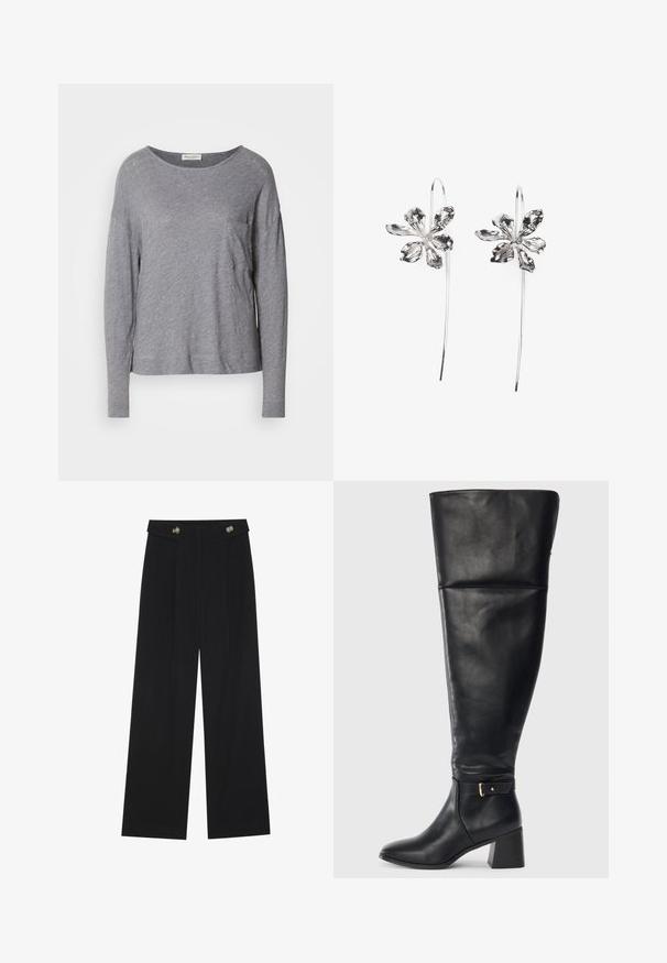 Cămașă lungă cu mânecă lungă, de culoare gri deschis, cu decolteu rotund și un mic buzunar pe piept, prezentată pe un fundal alb.; Pantaloni negri cu picioare largi, talie înaltă, detalii cu butoane pe talie și pliseuri în față.; Botă de piele neagră, până la genunchi, cu toc bloc și curea decorativă cu cataramă aurie deasupra gleznei, văzută din lateral pe un fundal alb.; Cercei argintii în formă de floare cu un finisaj texturat, având cârlige lungi și detalii asemănătoare petalelor pentru un design complex.