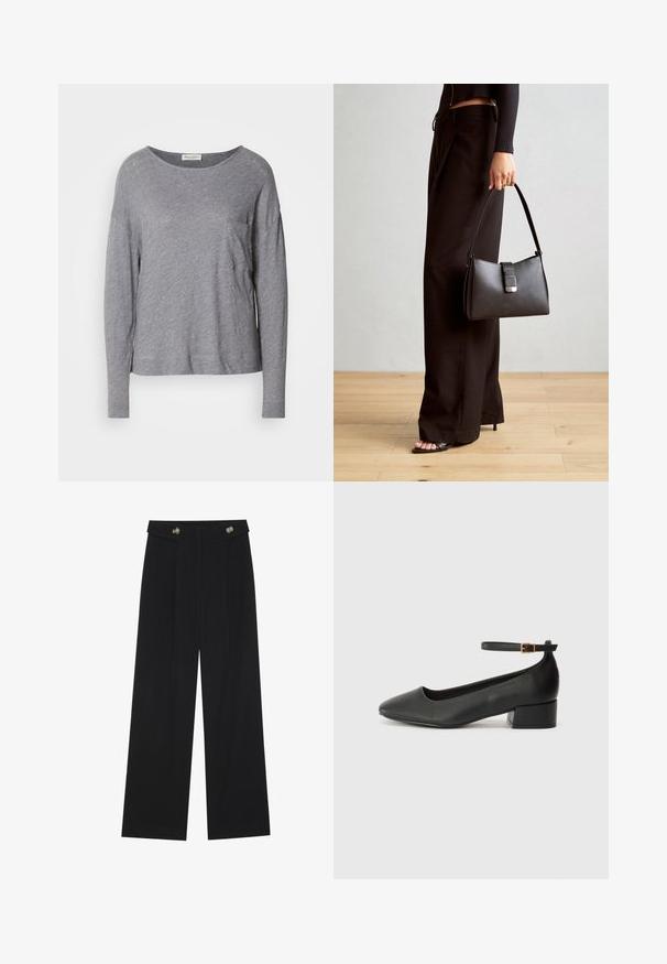 Világosszürke, hosszú ujjú póló kerek nyakkivágással és egy kis mellzsebekkel, fehér háttér előtt bemutatva.; Fekete, bő szárú nadrág magas derékkal, gombos részletekkel a derékrészen és elülső pliszékkal.; Fekete bőr magassarkú cipő hegyes orral és alacsony tömb sarkal. Bokapánttal rendelkezik, aranyszínű csattal. Simább textúra.; Fekete kézi táska strukturált formával, sima textúrával és fémből készült záródással. Széles fekete nadrággal és nyitott orrú szandállal párosítva, fából készült padlón.