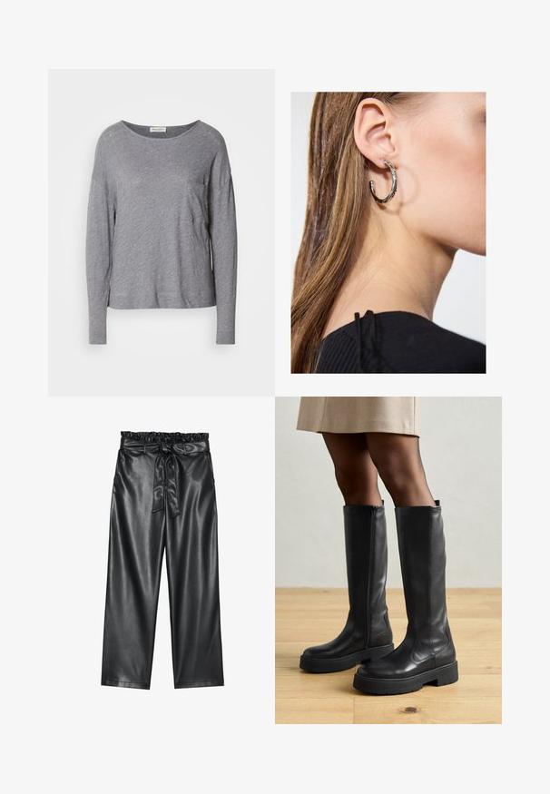 Helehall pikkade varrukatega särk ümmarguse kaelusega ja väikese rinna taskuga, esitlemine valge tausta peal.; Must mustra aktiivse nahaga laiad püksid elastse kroogitud vöökoht ja eemaldatav sidumisrihm. Sile tekstuur ja minimaalne sära.; Mustad kuni põlvede saapad, mis on valmistatud siledast nahast, paksu kummist tallaga ja külgsemega, mis tagab lihtsa selga panemise.; Hõbedane rõngas kõrvarõngas poleeritud viimistlusega, millel on väikesed kuldsed aktsendid ja ümmargune kuju, kantud lobus.