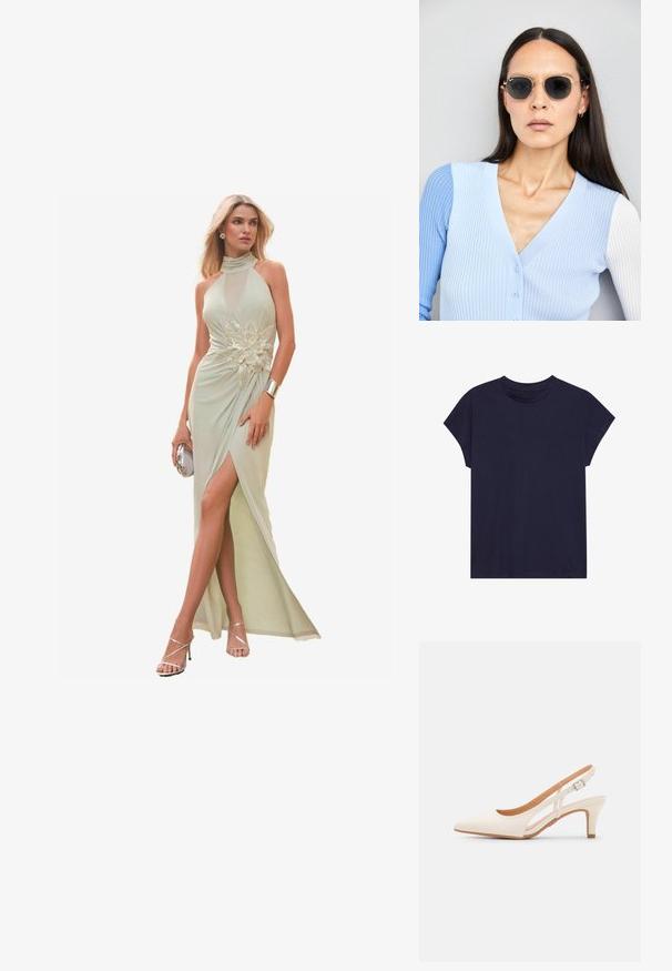 Sötétkék pamut póló kerek nyakkal és rövid ujjakkal, laza szabású és sima tapintású. Nincsenek minták vagy díszítések.; Mentazöld, nyakpántos ruha hálós részletekkel, díszes virágmintával, magas hasítékkal és lágy eséssel, ezüst kiegészítőkkel párosítva.; Fehér slingback sarok, hegyes orral, sima felső anyaggal, alacsony blokk sarkával és oldalsó kivágott dizájnnal, állítható csatpánttal.; Kerek napszemüveg sötét lencsékkel és arany kerettel. A modellen világoskék, bordázott kardigán van gombokkal és kontrasztos fehér ujjaival.; Michael Kors bézs bevonatos vászon karkötő, amely ismétlődő MK logó mintával, aranyszínű fémrészletekkel és levehető lánchordóval rendelkezik.