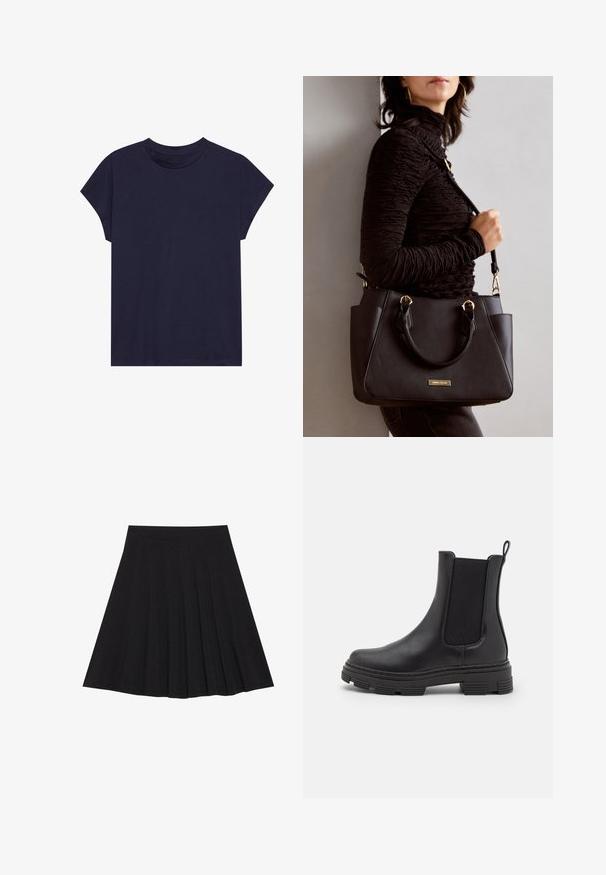 Temno modra bombažna majica s krožnim izrezom in kratkimi rokavi, z sproščenim krojem in gladko teksturo. Brez vzorcev ali okrasnih elementov.; Črna plisirana krila iz strukturiranega materiala s prilegajočim pasom. Segajo do kolen in ponujajo gladko, čisto silhueto.; Črne usnjene gležnjarje z elastiko na straneh, zaobljenim prstom in teksturiranim gumijastim podplatom. Imajo zanko na zadnji strani za enostavno obuvanje.; Črna torbica z teksturirano površino, z dvema zgornjima ročajema in nastavljivim ramenskim pasom. Ima zlatovrateče dodatke in stranske žepe.