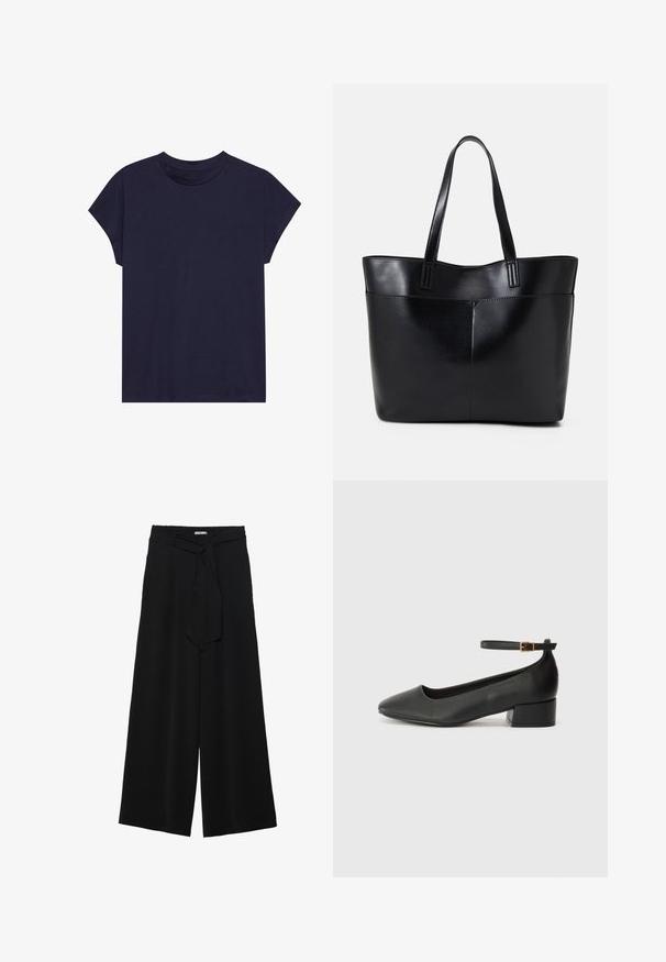 Navy blue cotton t-shirt with a round neckline and short sleeves, featuring a relaxed fit and smooth texture. No patterns or accents.; Black wide-leg pants featuring a textured fabric, an elastic waistband, and a detachable sash tie at the waist for adjustable fit.; Black leather pump with a pointed toe and a low block heel. Features an ankle strap with a gold-tone buckle. Smooth texture.; Black leather tote bag with two long handles, a smooth texture, and a structured shape. Features a front pocket for additional storage.