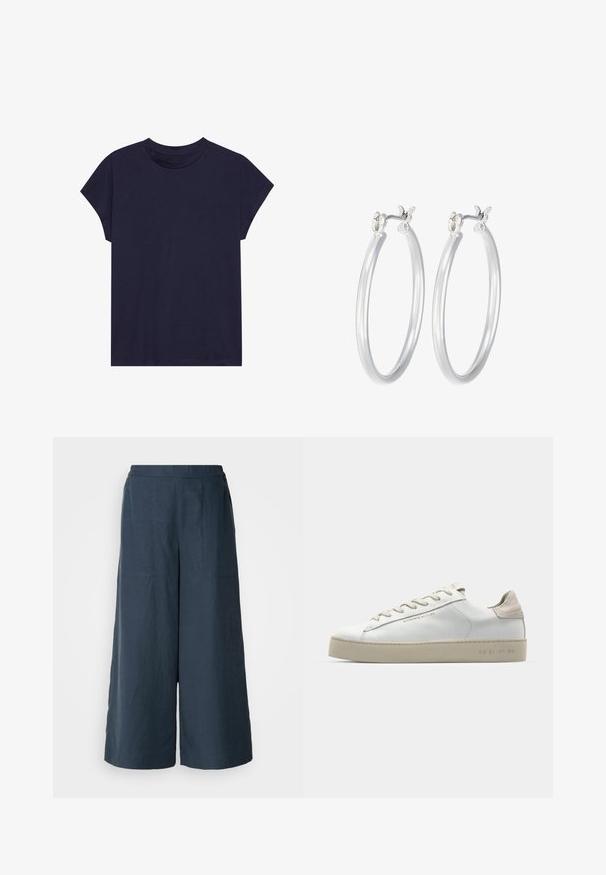 Námornícky modré bavlnené tričko s okrúhlym výstrihom a krátkymi rukávmi, s voľným strihom a hladkou textúrou. Bez vzorov alebo detailov.; Široké nohavice v námorníckej modrej farbe, vyrobené z ľahkej tkaniny. Majú mierne textúrovaný povrch, elastický pás a predné švy.; Biele kožené tenisky s hladkým povrchom, béžové sametové akcenty, okrúly špička, plochý dizajn na šnurovanie a štruktúrovaná gumová podrážka.; Strieborné kruhové náušnice s hladkým, lesklým povrchom. Kolový tvar a bezpečné klikanie na uzatváranie. Ľahký dizajn vhodný na každodenné nosenie.
