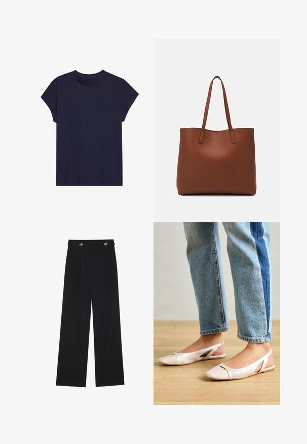 T-shirt de algodão azul-marinho com um decote redondo e mangas curtas, apresentando um corte descontraído e uma textura suave. Sem padrões ou detalhes.; Calças largas pretas com cintura alta, detalhes em botão na cintura e pregas frontais.; Sapatilhas slingback de cor rosa pálido com bico fino, feitas de um material semelhante a couro liso. Apresentam detalhes recortados nas laterais e um salto plano.; Bolsa tote de couro castanho com uma textura suave, design de abertura superior e duas alças para o ombro. Apresenta costura mínima e sem hardware visível.