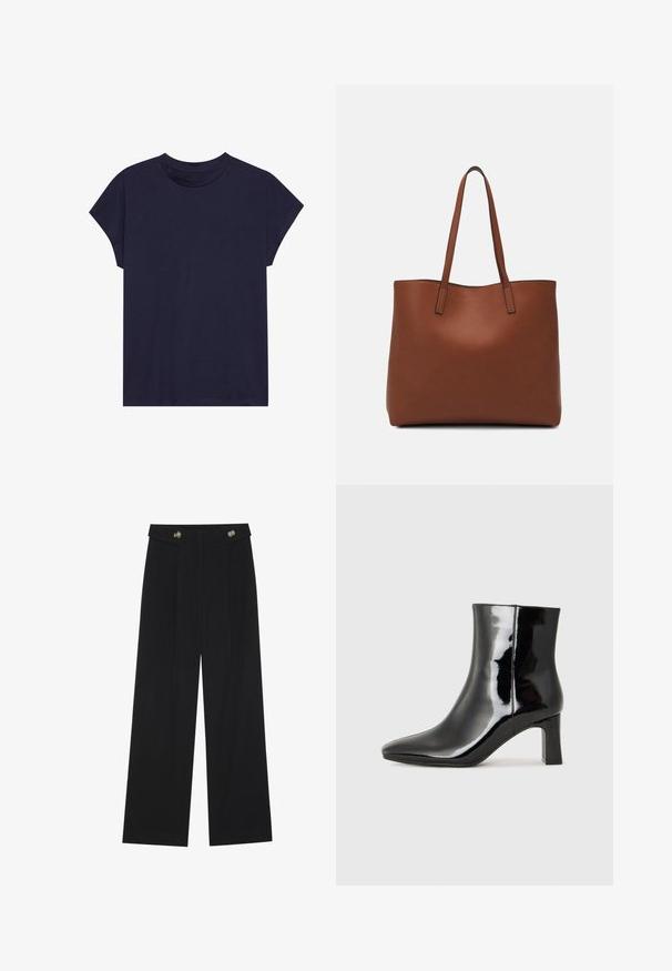 Temno modra bombažna majica s krožnim izrezom in kratkimi rokavi, z sproščenim krojem in gladko teksturo. Brez vzorcev ali okrasnih elementov.; Črne široke hlače s visokim pasom, gumbnimi detajli na pasu in sprednjimi gubami.; Črne lakirane gležnjarje z ošiljenim nosom in srednje visokim blokastim peto. Gladka tekstura in minimalističen dizajn.; Rjava usnjena torba z gladko teksturo, odprto zasnovo zgoraj in dvema naramnima trakovoma. Opremljena je z minimalnim šivanjem in brez vidnih kovinskih delov.