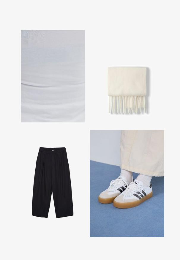 OXXO MIT ECKIGEM AUSSCHNITT - Top - white; Pantaloni culotte neri in poliestere con una cintura elastica, due pieghe frontali e una silhouette ampia. Nessun motivo visibile o dettagli in metallo.; Sneakers bianche con strisce nere e accenti in suede beige. Presentano una suola in gomma texturizzata e lacci bianchi piatti, indossate con calzini di colore chiaro.; Bershka PLAIN-COLOURED - Sciarpa - white