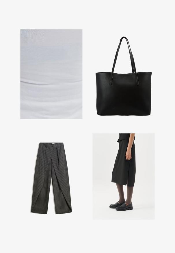 OXXO - Top; Szare spodnie w prążki o luźnym kroju, z pojedynczym zapięciem na guzik, plisami i szerokimi nogawkami.; Czarna spódnica do kolan z bocznym rozcięciem, połączona z czarnymi mokasynami i przezroczystymi brązowymi rajstopami, charakteryzująca się gładkim materiałem i prostym wzorem.; Czarna torba tote z teksturowanym skórzanym wykończeniem, wysoka prostokątna forma, dwa długie uchwyty i otwarty górny projekt. Brak widocznych elementów metalowych.