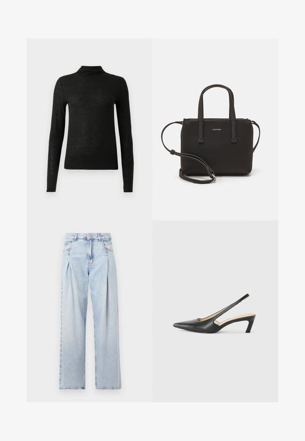 Sort langærmet turtleneck top fremstillet af et let, let struktureret stof; har en høj hals og en tætsiddende silhuet.; Lyseblå denim jeans med høj talje, bred benåbning, to sidelommer og plisseret design. Blød tekstur med et falmet finish.; Sorte spidse slingback-sko med en lav hæl, lavet af glat læder og med udskæringer på siden for åndbarhed.; Sort håndtaske med to korte håndtag og en aftagelig skulderrem. Glat læderagtigt materiale med lynlåslukning og logo detaljer.