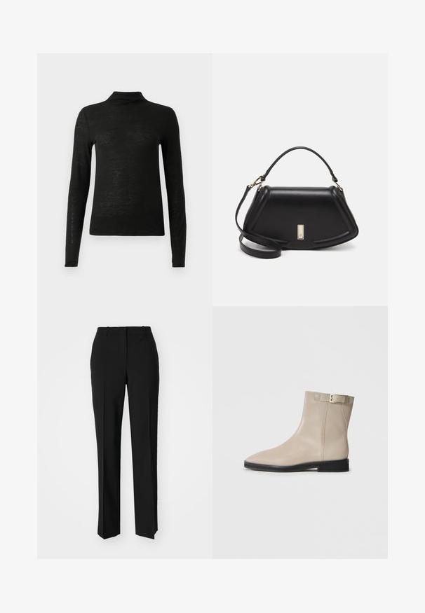Schwarzes langärmeliges Rollkragenoberteil aus leichtem, leicht strukturiertem Stoff; verfügt über einen hohen Kragen und eine taillierte Silhouette.; Schwarze, taillierte Hose mit geradem Bein, aus einem glatten Stoff und mit klaren Falten an der Vorderseite. Keine sichtbare Hardware.; Beige Leder-Ankle-Boot mit spitzer Zehenpartie, schwarzer Sohle, niedrigem Absatz und goldener Schnalle auf der äußeren Seite, vor weißem Hintergrund abgebildet.; Schwarze Lederhandtasche mit einem strukturierten Design, das eine verkürzte Form, einen oberen Griff und goldfarbene Hardware-Details aufweist. Verstellbarer Schulterriemen ist enthalten.