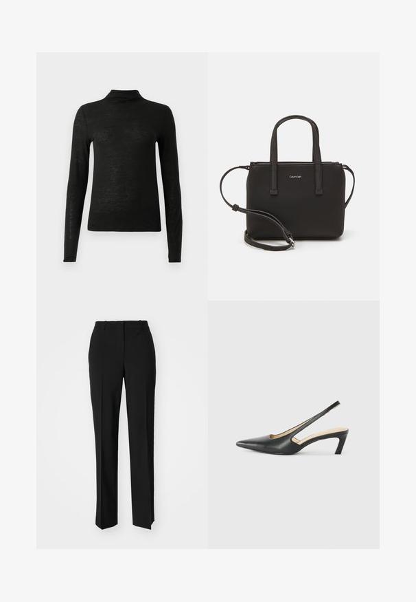 Zwart langemouwen coltrui gemaakt van een lichtgewicht, iets gestructureerde stof; heeft een hoge halslijn en een fitted silhouet.; Zwarte op maat gemaakte broek met een recht model, voorzien van een soepele textuur en scherpe plooien aan de voorkant. Geen zichtbare hardware.; Zwarte puntige slingback schoen met een lage hak, gemaakt van soepel leer en voorzien van een uitsnede aan de zijkant voor ventilatie.; Zwarte handtas met dubbele korte handvatten en een afneembare schouderriem. Glad, leerachtig materiaal met een ritssluiting en logo-detail.