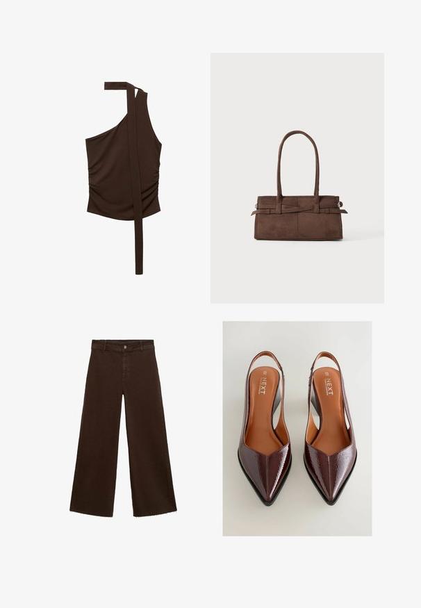 Hnedý top na jedno rameno z mäkkého materiálu, s drapériou, bočným riasením a dlhým popruhom, ktorý sa tiahne od ramena.; Hnedé široké nohavice z bavlnenej zmesi, s roztrhnutým lemom, predným zapínaním na gombík a klasickým dizajnom s piatimi vreckami. Minimalistické a všestranné.; Burgundské lakované lodičky na podpätku so špicatou špičkou, vykrojenými stranami a nízkym podpätkom. Obsahujú svetlohnedú stielku s logom značky.; Hnedá semišová kabelka s dvoma robustnými rúčkami, obdlžníkovým tvarom a dekoratívnym pásom na prednej strane.