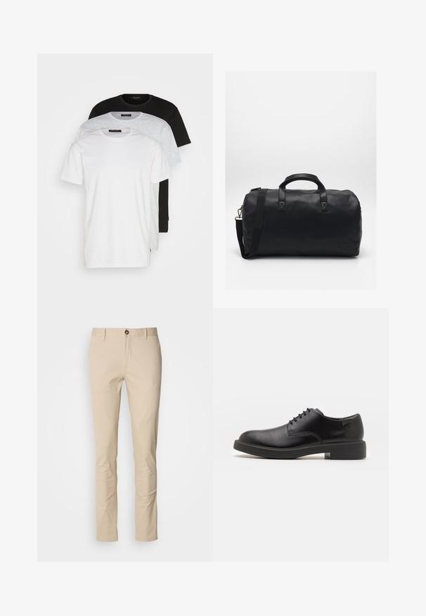 Tre crew neck t-shirts i vit, ljusgrå och svart. Tillverkade av mjuk bomull, med korta ärmar och en avslappnad passform.; Beiga bomullshängselbyxor med slim fit, featuring en knappstängning, subtil textur och standardfickor. Enkel design, inga mönster eller accenter.; Svart läder snörsko med rund tå, slät yta, minimal söm och låg gummihäl. Logotyp på hälen.; Svart Duffelväska gjord av texturerat syntetiskt material. Har två handtag och en justerbar axelrem. Enkel design utan synliga mönster.