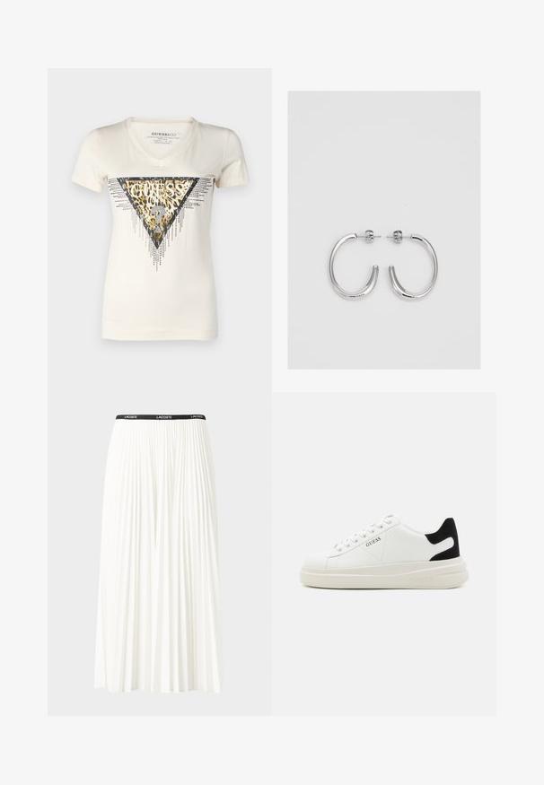 White v-neck t-shirt featuring a triangular leopard print design with metallic accents and black lettering "GUESS". Short sleeves, smooth texture.; Pleated white skirt with a black elastic waistband featuring the "LACOSTE" logo. Mid-length design with soft texture.; White leather sneakers with a thick white sole, black suede heel accent, and embossed logo on the side. Laced design with six eyelets.; Silver hoop earrings with a smooth, shiny finish. Rounded shape, lightweight design, featuring a post-back closure.