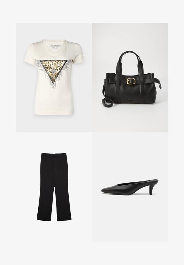 Biela tričko s V-krkom, ktoré má trojuholníkový dizajn s levandulovým potlačou a kovovými akcentmi, a čierny nápis "GUESS". Krátke rukávy, hladká textúra.; Čierne nohavice so strihom rovného strihu, s prednými vreckami a bočnými rozparkami na leme. Vyrobené z mäkkej, hladkej tkaniny. Vhodné na rôzne príležitosti.; Čierne kožené špicaté muly s nízkym stiletto podpätkom. Hladká textúra, minimalistický dizajn a otvorená zadná časť pre jednoduché obúvanie.; Čierna kožená kabelka s štruktúrovaným dizajnom, dvojitými hornými uchopiteľmi, zlatým prackovým akcentom a embosovaným logom značky na prednej strane.