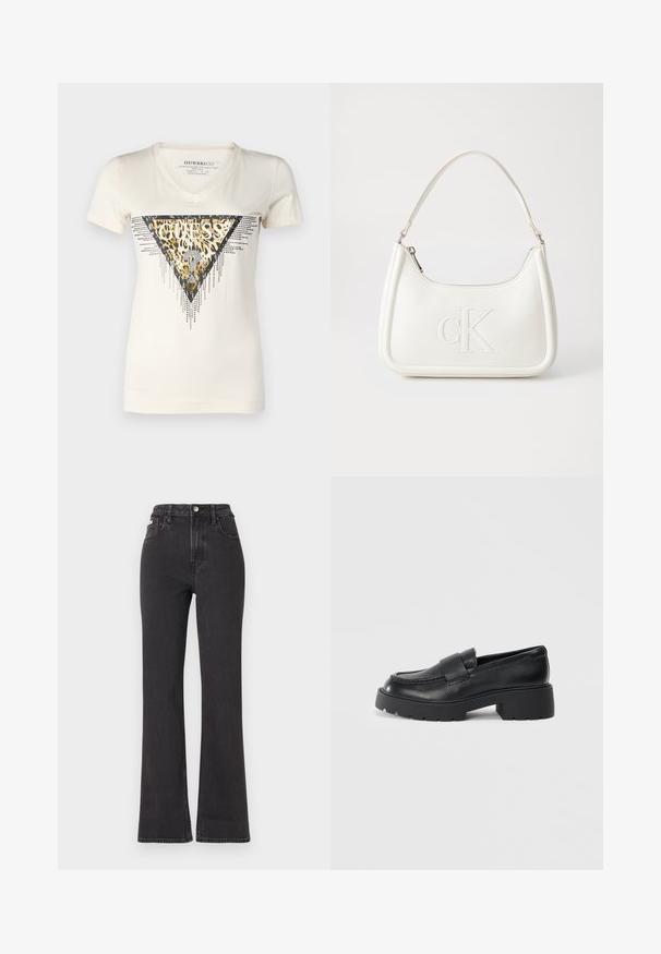 Fehér v-nyakú póló, háromszög alakú leopárdmintával, fémszínes kiegészítésekkel és fekete "GUESS" felirattal. Rövid ujjak, sima tapintás.; Fekete, magas derekú, trapéz fazonú farmernadrág, gombos záródással, övrésszel és oldalsó zsebekkel. Sima textúrájú, minimális kopással.; Fekete bőr loaferek, textúrált felülettel, a lábfejen egy téglalap alakú pánttal és vastag, barázdált talpformával.; Fehér bőrtáska ívelt formájú, elöl feltűnő "CK" logóval, egyetlen vállpánttal. Cipzáras zárás a tetején.