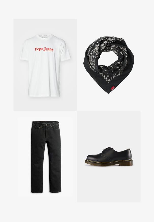 Baltos medvilnės marškiniai su raudona "Pepe Jeans" logotipo užrašu. Trumpomis rankovėmis, apvaliu kaklu, standartinio kirpimo ir be matomų raštų.; Juodi tiesūs džinsai su penkiomis kišenėmis, diržo kilpomis ir sagos uždarymu juosmens srityje, padėti ant baltos fono.; Juodos odinės batai su apvaliu pirštu, su raišteliais, geltonu siūliniu aplink padą ir masyviu, tekstūruotu guminiu padu.; Levi's® PAISLEY BANDANA UNISEX - Fuliaras - regular black