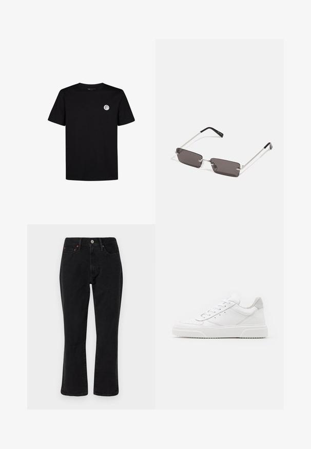 Must musta T-särk lühikeste varrukatega ja ümmarguse dekolteega. Vasakul rinnal on väike ümmargune logo. Lihtne disain.; Mustad mustrid teksased, klassikalise sirge jalgade lõikega, viie taskuga stiilis ning metallist detailidega, millel on vasest aktsendid. Sile tekstuur ja keskmine tõus.; Valged nahast spordijalatsid siledast nahast viimistlusega, ümarate varvastega, lamekestega ja tekstuuriga tallaga. Hall suede aktsent kanna juures.; Kübarid, millel on ristkülikukujulised, tumedhalli värvi läätsed, hõbedased metallraamid ja mustad plastotsad käeotsades. Kerge disain koos nina padjadega.