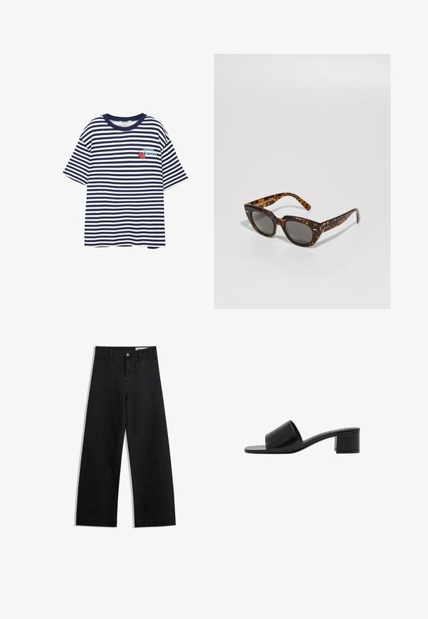 Gestreiftes T-Shirt in Marineblau und Weiß, mit kurzen Ärmeln, rundem Hals und einem grafischen Druck von Kirschen sowie dem Schriftzug "Super Dessert" auf der linken Brust.; Schwarze weit geschnittene Jeans mit hoher Taille, ausgestattet mit Vorder- und Hintertaschen, gesteppten Nähten und einem Knopfverschluss. Glatte Textur.; Schwarze Leder-Sandale mit offenem Zehenbereich, breitem Riemen und solidem Blockabsatz. Sie zeichnet sich durch eine glatte Textur und ein minimales Design aus.; Schildpatt-Sonnenbrille mit kantigen Rahmen und grauen Gläsern. Verfügt über eine glänzende Oberfläche und dezente Markenkennzeichnung an den Bügeln.