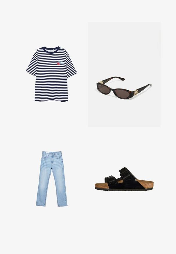 Pruhované tričko v námořnické modré a bílé barvě, krátké rukávy, kulatý výstřih, s grafikou třešní a textem "Super Dessert" na levém prsu.; Světle modré džíny z denimu se rovnými nohavicemi, designem s pěti kapsami a viditelným šitím. Středně vysoký pas se klasickým zapínáním na knoflík a zip.; Černé lakované kožené sandály s dvěma nastavitelnými popruhy, korkovou stélkou a gumovou podrážkou, s hladkým povrchem a minimalistickým designem.; Brýle sluneční s kočičím vzorem, prodloužené oválné čočky, hnědý odstín, zlaté logo na spáncích a elegantní černé nožičky.