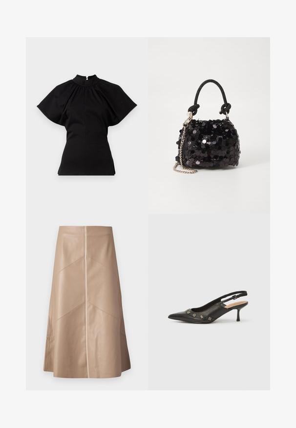 Juodas trumpomis Rankovėmis viršus su aukštu kaklu. Yra susirinkimo detalės ant pečių ir prigludusi kūno forma, pagamintas iš lygios medžiagos.; Biatės spalvos dirbtinės odos A formos sijonas su subtiliomis panelių detalėmis ir lygiu matinio paviršiaus apdaila, iki kelių ilgio ir aukšta juosmens linija.; Juodos odos siurbliai su užkulniu atrama, smailiu priekiu, mažu kulniuku ir dekoratyviniais metaliniais akcentais priekyje. Lygi oda.; Juodas blizgučių mini rankinukas su mazguotu tekstūruotu dirželiu ir sidabro grandine. Suapvalinta forma su susiraukšlėtopu ir atspindinčiomis detalėmis.