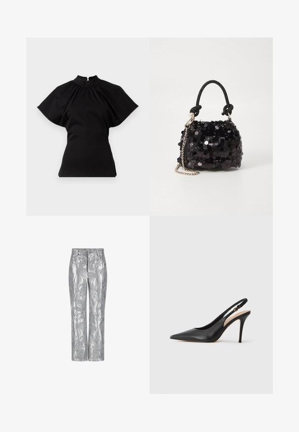 Melnas īsām piedurknēm topiņš ar augstu apkakli. Iezīmēts ar savērtu detaļu plecos un pieguļošu ķermeni, izgatavots no gludas auduma.; Sudraba izšūti bikses ar lapu rakstu, taisna kāju dizains un gluda, spīdīga tekstūra. Funkcionālas kabatas un pogu aizdare.; Melna ādas slingback augstpapēžu kurpe ar norādītu purngalu, gludu tekstūru un smalku siksniņu ar metalizētu sprādzi.; Melna spīguļota mini rokas soma ar mezglotu teksturētu siksniņu un sudraba ķēdi. Apaļa forma ar sakopotām malām un atstarojumu detaļām.