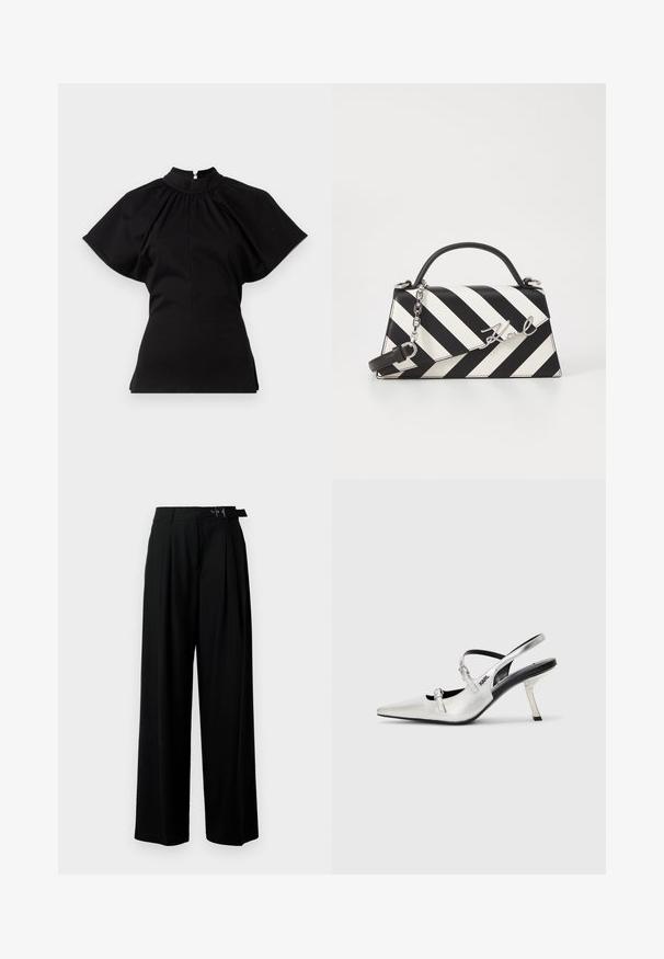 Juodas trumpomis Rankovėmis viršus su aukštu kaklu. Yra susirinkimo detalės ant pečių ir prigludusi kūno forma, pagamintas iš lygios medžiagos.; Juodos plačios kojų kelnės su aukštu liemeniu, priekinėmis klostėmis ir diržu su sagtimi. Pagamintos iš lygaus, lengvo audinio.; Sidabriniai slingback aukštakulniai bateliai su smailiu nosiu, turintys lygaus metalo apdailą, ploną kulną ir dekoratyvinius dirželio elementus.; Juoda ir balta dryžuota rankinė su struktūrizuota forma, turinti viršutinę rankeną, nuimamą grandinėlės dirželį ir metalinį logotipo akcentą.