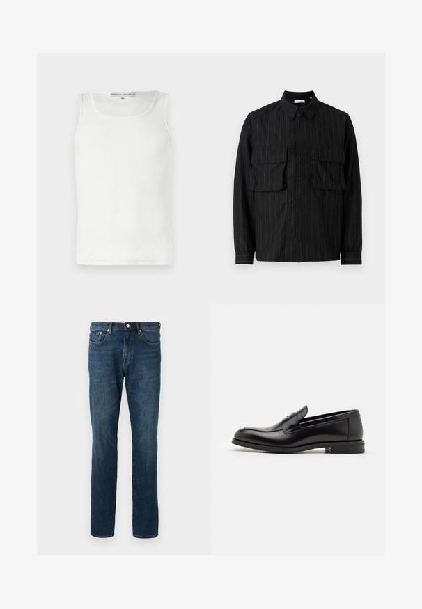 Canotta bianca in cotone con scollo rotondo e design senza maniche. Presenta una texture a costine e un orlo dritto nella parte inferiore.; Camicetta nera a maniche lunghe con righe verticali, due tasche sul petto, colletto e chiusura a bottoni. Tessuto morbido e testurizzato.; Jeans in denim blu scuro, design a gamba dritta, cinque tasche, chiusura con bottone, con leggeri sbiadimenti e dettagli di cucitura. Texture liscia.; Mocassini neri in pelle con una texture liscia, punta arrotondata e una striscia decorativa sulla tomaia. Tacco basso impilato, design minimalista.