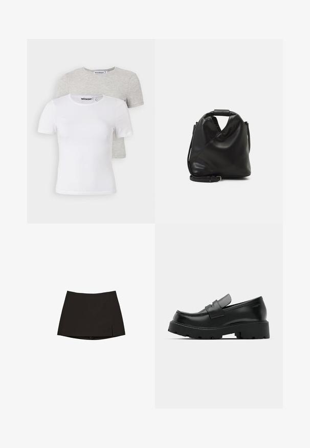 Sada dvou triček: jedno bílé a jedno světle šedé. Kulatý výstřih, krátké rukávy, vyrobeno z jemné směsi bavlny, hladká textura, minimalistický design.; Černá mini sukně s rovnými liniemi a mírným bočním rozparkem. Vyrobena z hladké tkaniny, s čistým lemem a minimalistickým designem.; Černé kožené polobotky s robustní texturovanou podešví, se strapcem přes nárt a hladkým, lesklým povrchem.; Černá, měkká kožená taška s unikátním zkrouceným designem. Obsahuje krátkou rukojeť a odnímatelný ramenní popruh. Minimalistický styl.