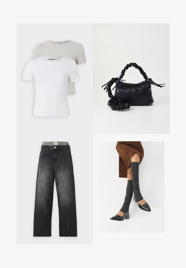 Confezione di due t-shirt: una bianca e una grigia chiara. Girocollo, maniche corte, realizzate in morbido cotone misto, texture liscia, design minimale.; Jeans neri in denim a gamba larga con una cintura a motivo houndstooth. Presentano tasche frontali e chiusura con bottone. Texture usurata.; Scarpe nere in pelle verniciata con punta affilata, tacco a blocco e cinturino alla caviglia, abbinate a scaldamuscoli grigi a coste e una gonna in suede marrone.; Borsa a tracolla in ecopelle nera con texture a coccodrillo, apertura cinchata e tracolla arricciata. Si presenta con un design morbido e compatto.
