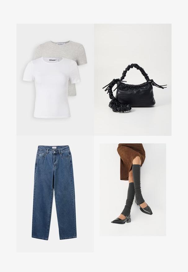 2er-Pack T-Shirts: eines in Weiß und eines in Hellgrau. Rundhals, kurze Ärmel, aus weichem Baumwollmix, glatte Textur, minimalistisches Design.; Klassische blaue Denim-Jeans mit geradem Bein, fünf Taschen und Knopfverschluss. Sie verfügen über eine mittelblau gewaschene Optik und sind aus robuster Textur.; Schwarze lacklederne spitze Schuhe mit Blockabsatz und Knöchelriemen, kombiniert mit grauen gerippten Beinstulpen und einem braunen Wildlederrock.; Schwarze Handtasche aus Kunstleder mit Krokodilstruktur, gerafftem oberen Teil und einem geschoppten Tragegurt. Sie wirkt weich und kompakt im Design.