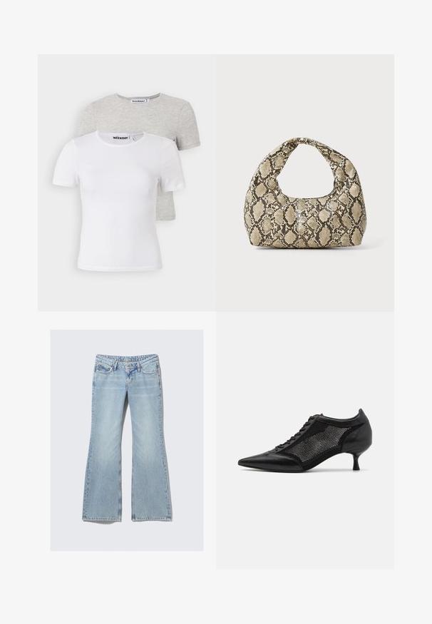 Dviejų marškinėlių rinkinys: vieni balti, kiti šviesiai pilki. Apvalus kaklas, trumpomis rankovėmis, pagaminti iš minkštos medvilnės mišinio, lygus paviršius, minimalus dizainas.; Weekday NOVA - Prigludę džinsai - lip blue; Juodi bateliai su smailiu pirštu ir tinklinėmis detalėmis, turintys žemą kulną ir raištelių uždengimą. Pagaminti iš odos ir tinklinės medžiagos derinio.; Gyvatės rašto rankinė su kreiviu rankenėle. Pagaminta iš tekstūruotų smėlio ir rudos spalvos medžiagų, su išskirtiniu rombo raštu.