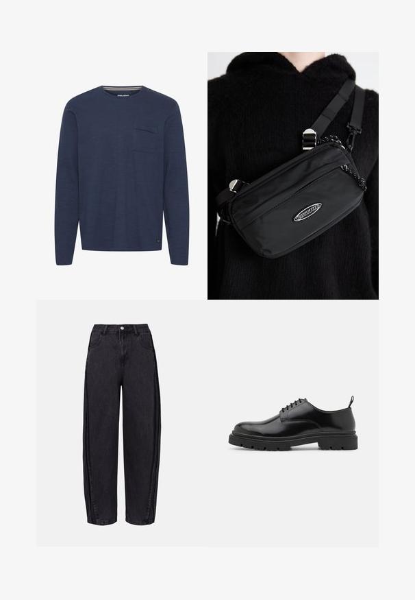 Hosszú ujjú tengerészkék ing, texturált anyagból készült, mellzsebével és kerek nyakkal, amelynek belső részén finom csíkos kiegészítés található.; Fekete, bő szárú farmernadrág sima textúrával. Magas derekú, elülső zsebekkel és gombos záródással a derék részen.; Fekete bőr fűzős cipők lekerekített orral, sima felülettel és bordázott gumitalppal. Kicsi sarokkal és hátul húzófüllel rendelkezik.; Fekete nylon keresztpántos táska állítható pánttal, sima textúrával, elülső cipzáras zsebbel és logóval díszítve.