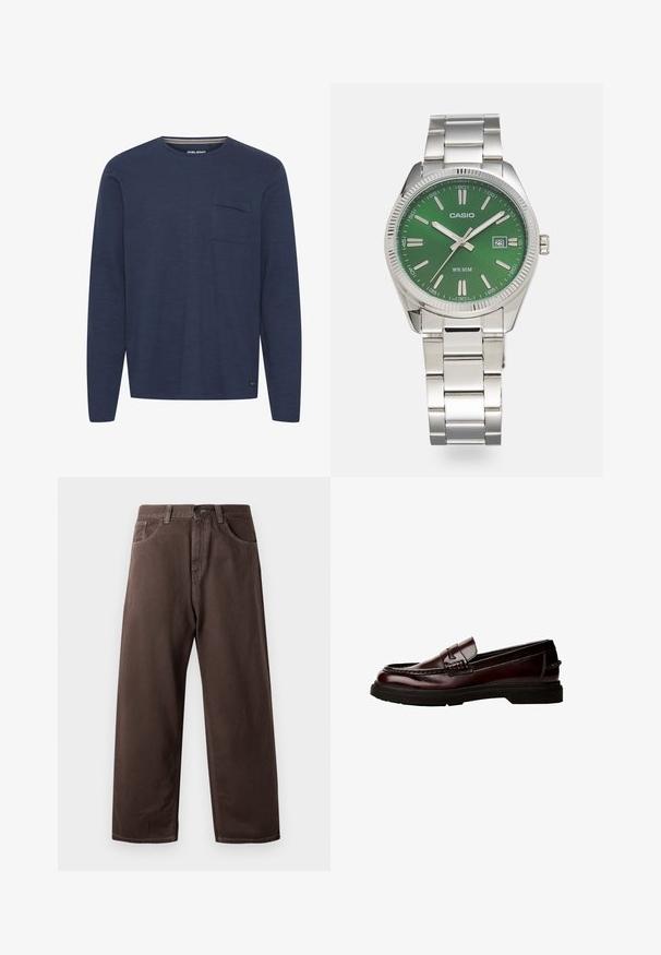 Hosszú ujjú tengerészkék ing, texturált anyagból készült, mellzsebével és kerek nyakkal, amelynek belső részén finom csíkos kiegészítés található.; Barna, bő szárú vászon nadrág, klasszikus öt zsebes dizájnnal, cipzáras megoldással és látható varrási részletekkel.; Barna bőr loaferek lekerekített orral, részletes varrással és gumitalppal. Díszes pánttal rendelkezik, sima textúrájú.; Ezüst rozsdamentes acél óra kerek zöld számlappal, ezüst órák jelzőivel, dátumkijelzővel és fémlánc karkötővel. Vízálló 50 méterig.