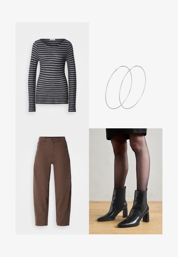 Tumši pelēks un gaišāks pelēks svītrains tops ar garām piedurknēm. Diskreta apaļa kakla izgriezums un pieguļošs griezums. Izgatavots no mīksta, viegla auduma.; Brūnas taisnās kājas bikses ar priekšējo pogu un rāvējslēdzēju, jostas cilpiņām un sānu kabatām, attēlotas uz baltā fona.; Melni ādas potīšu zābaki ar izdilušu purngala formu, masīvu kvadrātveida papēdi un elegantu dizainu. Iekļautas elastīgas sānu paneļi, kas nodrošina ērtu uzvilkšanu.; Sudraba gredzenveida auskari ar minimālistisku dizainu. Cirkulāra forma, gluda tekstūra un plāns profils. Vieglu svaru ar spīdīgu apdari.