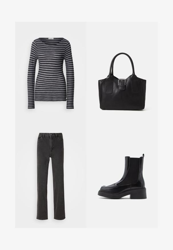 Dlhý rukáv, pruhovaný top v tmavo šedej a svetlejšej šedej farbe. Má okrúhly výstrih a priliehavý strih. Vyrobený z jemnej, ľahkej tkaniny.; Čierne džínsy z denimovej látky so rovnými nohavicami, vysokým pásom, piatimi vreckami a zapínaním na gombík. Materiál má jemnú textúru, bez viditeľných vzorov.; Čierne chelsea topánky s hrubým podpätkom, s lesklým koženým zvrškom a elastickými bočnými panelmi pre jednoduché obúvanie. Pevná gumová podrážka.; Čierna kožená taška s hladkou textúrou, štruktúrovaným tvarom, dvoma uchami a výrazným strieborným prackovým detailom na prednej strane.