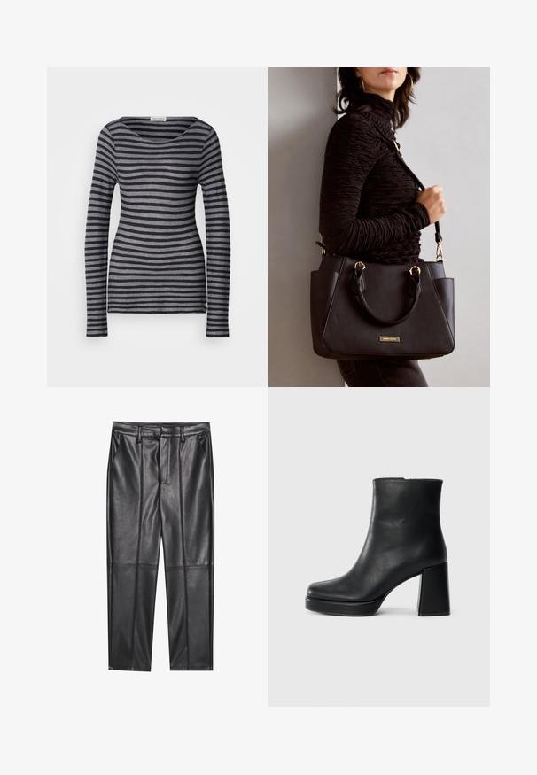 Long-sleeve striped top in dark gray and lighter gray. Features a round neckline and a fitted cut. Made of soft, lightweight fabric.; Black leather trousers with a smooth texture, featuring a straight fit, two front pockets, and visible seam detailing.; Black leather ankle boot with a block heel and platform sole, viewed from the side on a plain white background.; Black handbag with textured surface, dual top handles, and adjustable shoulder strap. Features gold-tone hardware and side pockets.