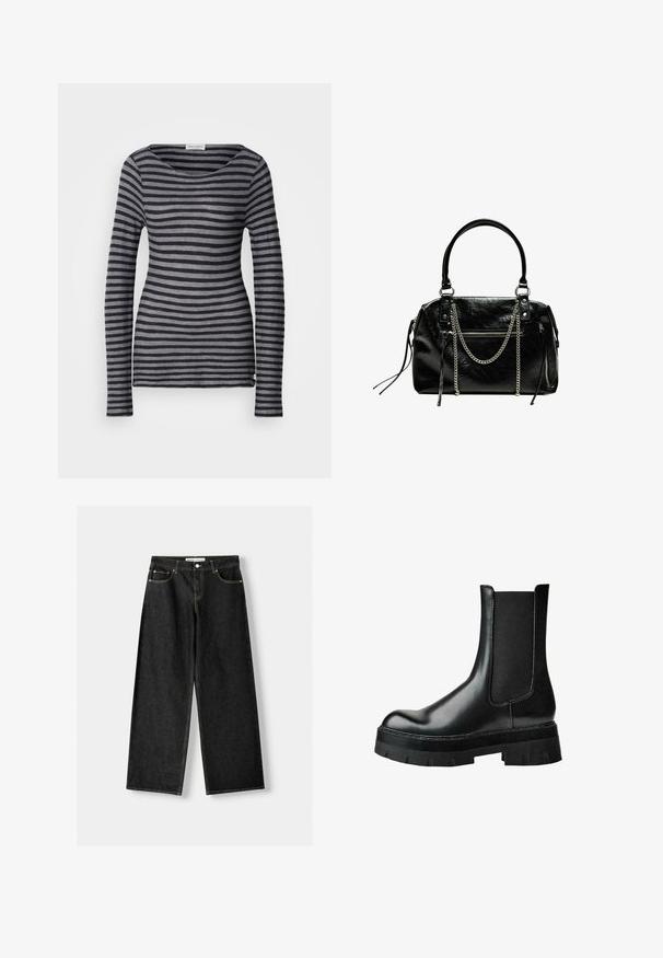 Sötét szürke és világos szürke csíkos, hosszú ujjú felső. Kerek nyakkal és testhezálló szabással rendelkezik. Puha, könnyű anyagból készült.; Fekete farmer széles szárú nadrág, öt zsebbel, fémből készült gombbal és cipzárral, valamint kontrasztos sárga varrással az illesztéseknél.; Fekete bőr bokacsizma elasztikus oldalpanelekkel, kerek orral, vastag talppal és texturált felsőrésszel a jobb tapadás érdekében.; Bershka WITH CHAIN - Kézitáska - black