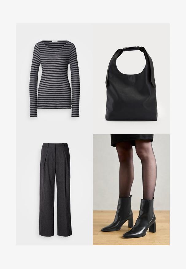 Dugi rukav prugasti top u tamno sivoj i svjetlijoj sivoj boji. Ima okrugli izrez i uski kroj. Izrađen je od mekanog, laganog materijala.; Tamno sive široke hlače izrađene od teksturirane tkanine, s prednjim naborima i klasičnim dizajnom struka. Nema vidljivih džepova.; Crne kožne gležnjače s šiljastim vrhom, robusnim četvrtastim potplatom i elegantnim dizajnom. Imaju elastične bočne panele za jednostavno oblačenje.; Crna kožna hobo torba s jednim mekanim, zaobljenim ručkom; karakterizira je glatka tekstura i minimalistički dizajn. Nema vidljivih hardverskih detalja ili akcenata.; Srebrne okrugle naušnice s minimalističkim dizajnom. Kružni oblik, glatka tekstura i tanak profil. Lagane s poliranim završetkom.