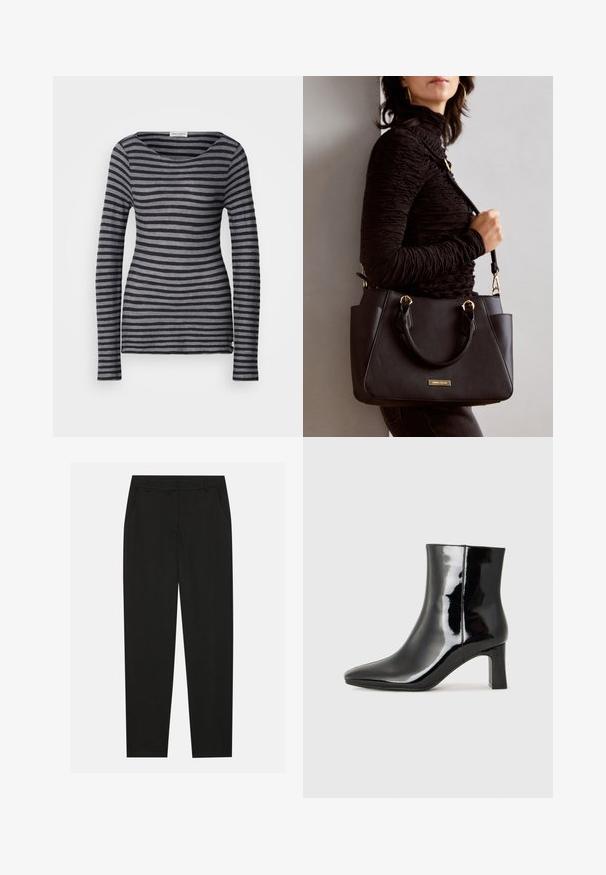 Ilga rankovė su juostelėmis tamsiai pilka ir šviesiai pilka spalva. Yra apvalus kaklo išpjova ir prigludęs siluetas. Pagaminta iš minkštos, lengvos medžiagos.; Juodos kelnes su pritaikytu dizainu, turinčios šonines kišenes ir tiesią koją. Pagamintos iš lygaus, lengvo audinio su blizgiu paviršiumi.; Juodos lakuotos odinės aulinukės su smailiu pirštu ir vidutinio aukščio blokuotu kulnu. Lygus paviršius ir minimalistinis dizainas.; Juodas rankinės maišelis su struktūrizuota paviršiumi, dvigubais viršutiniais rankenėlėmis ir reguliuojamu peties diržu. Įrengtas aukso spalvos furnitūra ir šoninės kišenės.